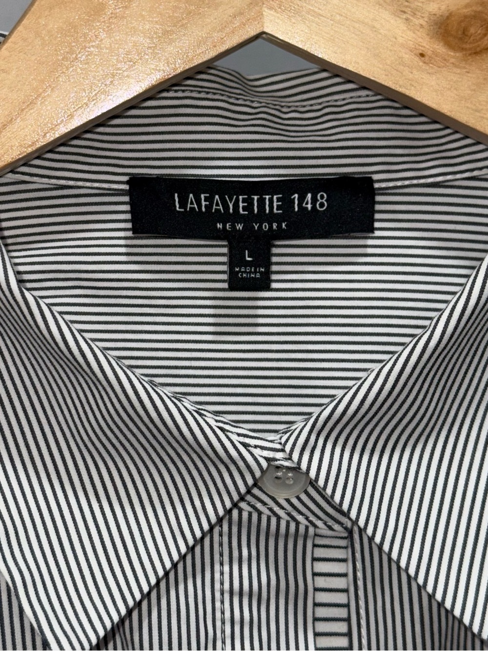 Lafayette 148 New York Black & White Pinstripe Button-Up | Size L - Picture 3 of 4